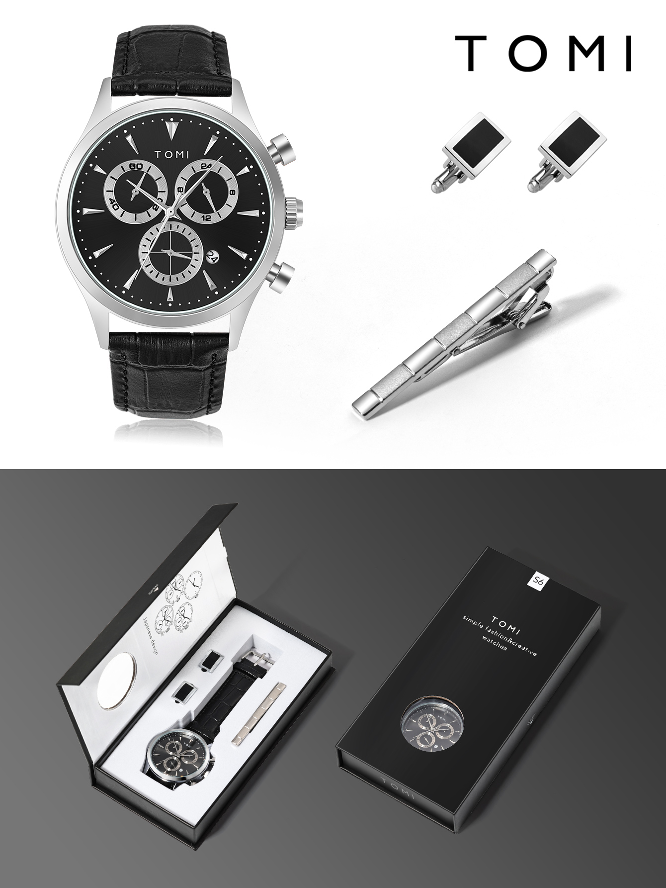 Men's Watch Set Includes a Tie Clip and Cufflinks