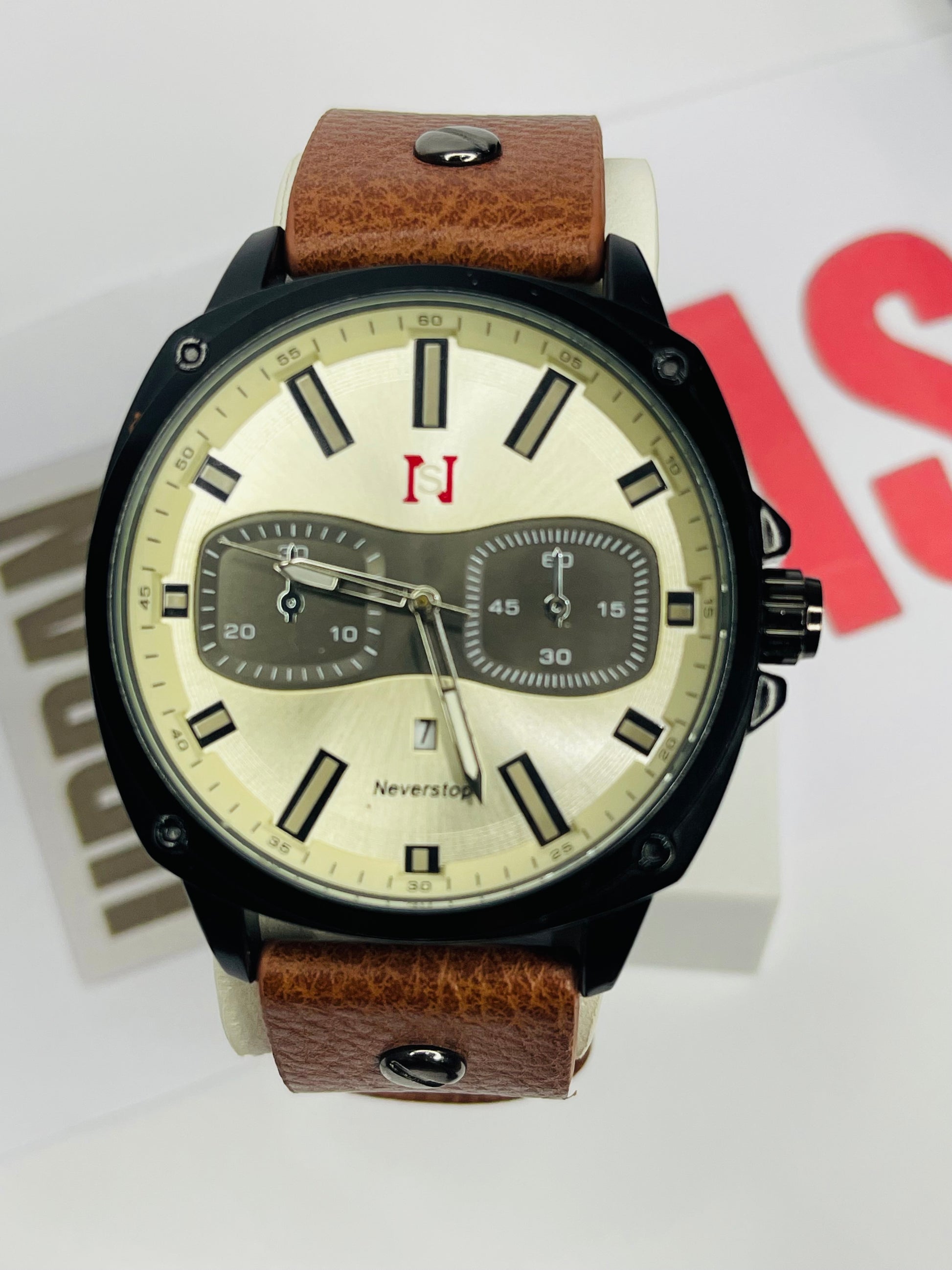 NS Brand Watches Mens Leather Sports Watch Mens Outdoor Sports quartz watch Chronograph Men's clock