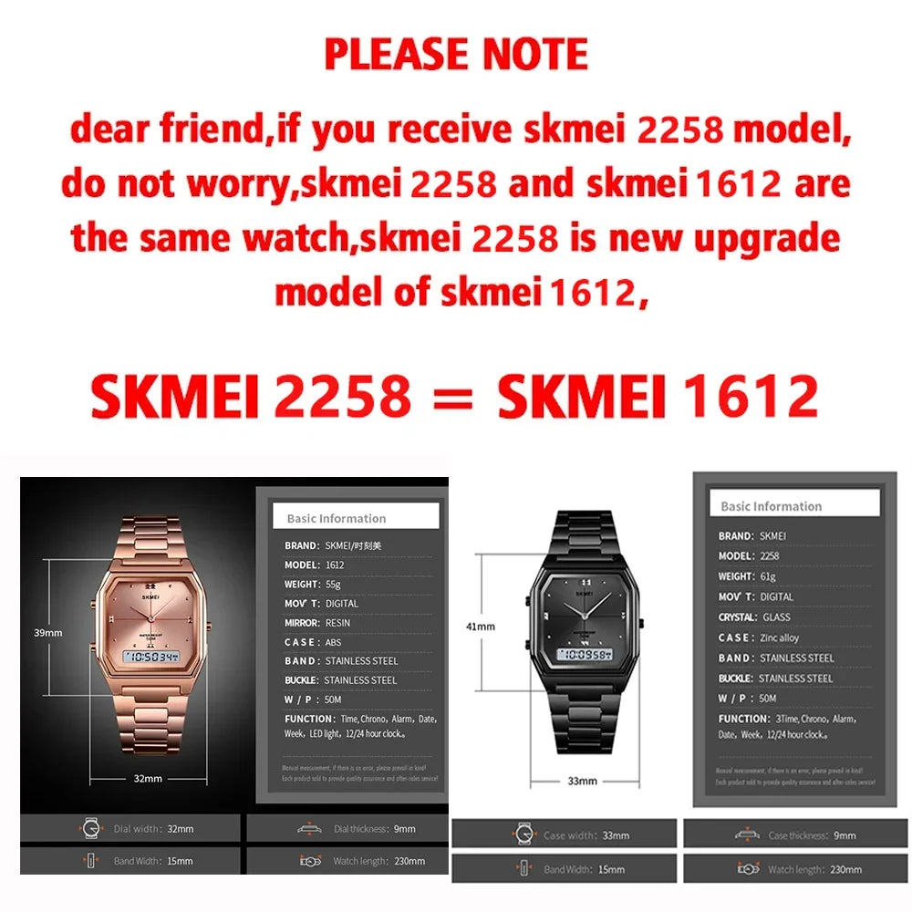 1612 Luxury Watch for Women Men Square Steel Waterproof Digital Girl Wristwatches Double Display Sport Leisure Clock 2258