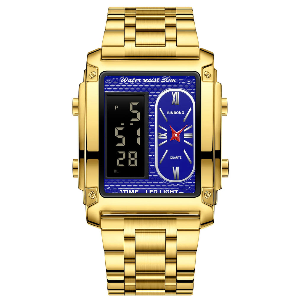 BINBOND Top Brand Luxury Watches for Men Fashion Quartz Wristwatch Square Gold Stainless Steel Business Clock Relogio Masculino