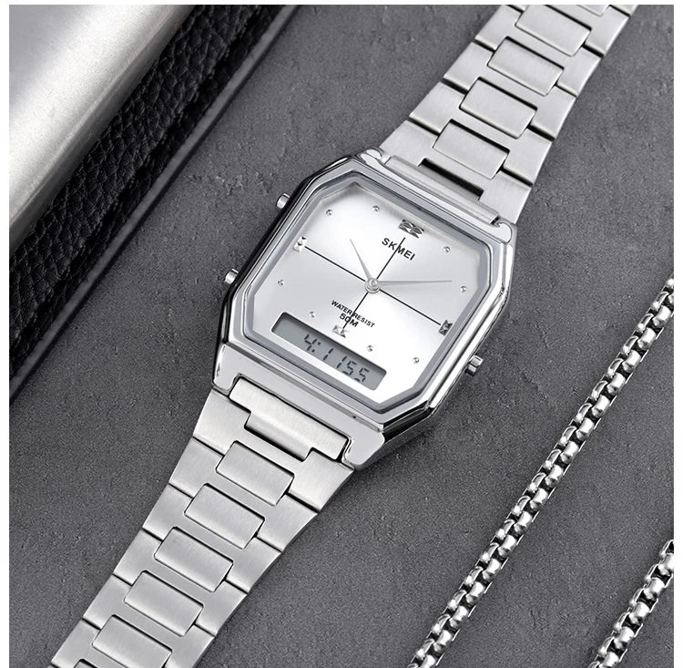 1612 Luxury Watch for Women Men Square Steel Waterproof Digital Girl Wristwatches Double Display Sport Leisure Clock 2258