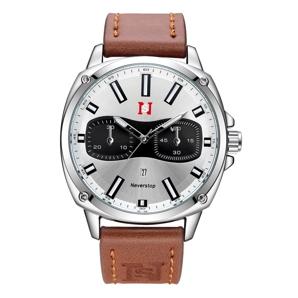 NS Brand Watches Mens Leather Sports Watch Mens Outdoor Sports quartz watch Chronograph Men's clock