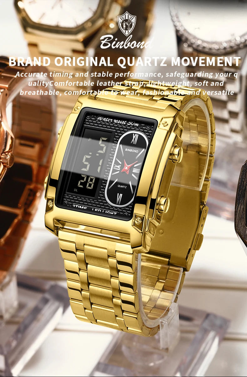 BINBOND Top Brand Luxury Watches for Men Fashion Quartz Wristwatch Square Gold Stainless Steel Business Clock Relogio Masculino