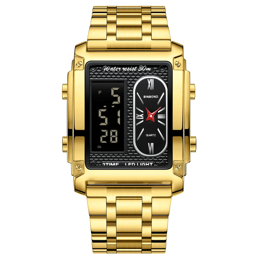 BINBOND Top Brand Luxury Watches for Men Fashion Quartz Wristwatch Square Gold Stainless Steel Business Clock Relogio Masculino