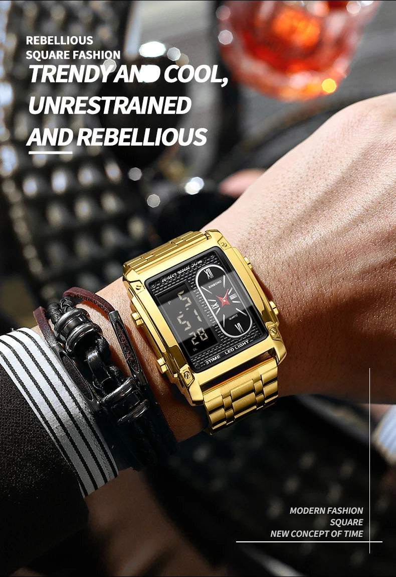 BINBOND Top Brand Luxury Watches for Men Fashion Quartz Wristwatch Square Gold Stainless Steel Business Clock Relogio Masculino