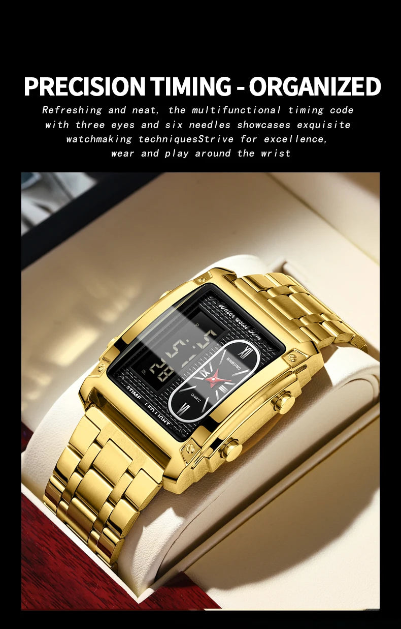 BINBOND Top Brand Luxury Watches for Men Fashion Quartz Wristwatch Square Gold Stainless Steel Business Clock Relogio Masculino