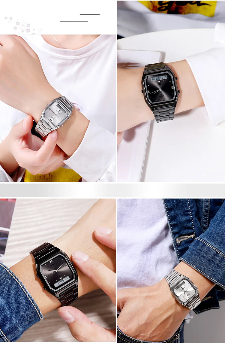 1612 Luxury Watch for Women Men Square Steel Waterproof Digital Girl Wristwatches Double Display Sport Leisure Clock 2258