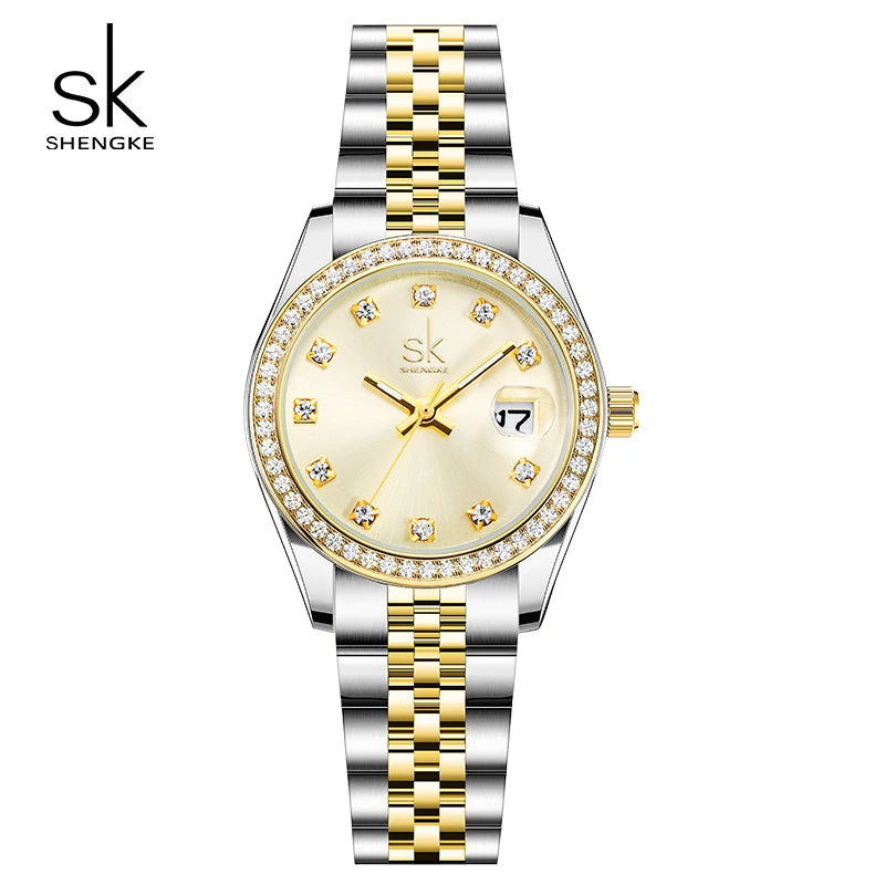 Shengke New Luxury Ladies Wristwatches Fashion Diamond Women's Quartz Watches Top Brand Woman's Gifts Clock Calendar Stainless S