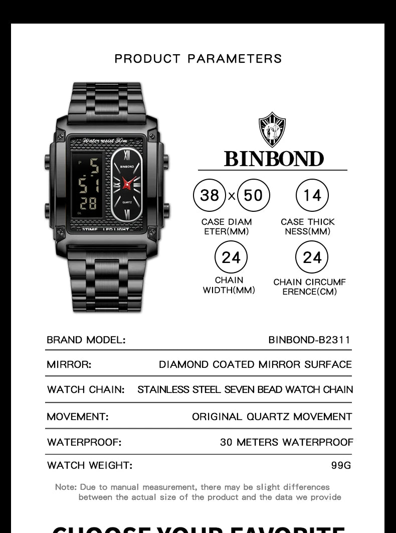 BINBOND Top Brand Luxury Watches for Men Fashion Quartz Wristwatch Square Gold Stainless Steel Business Clock Relogio Masculino