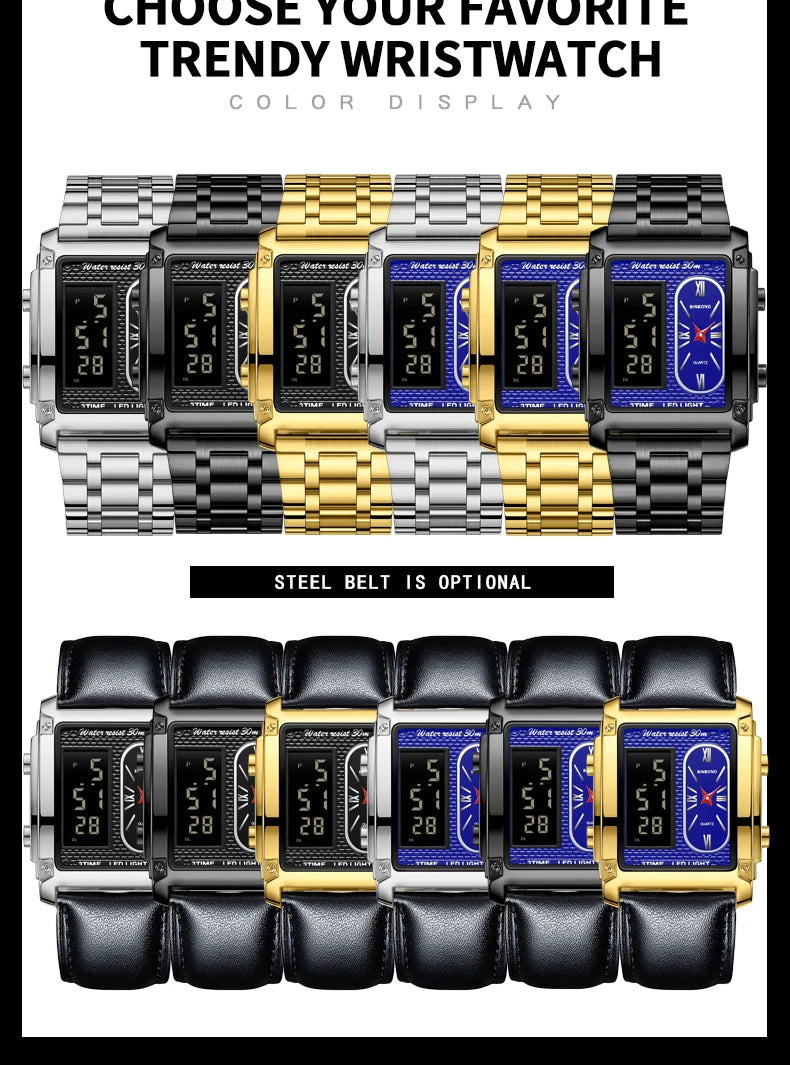 BINBOND Top Brand Luxury Watches for Men Fashion Quartz Wristwatch Square Gold Stainless Steel Business Clock Relogio Masculino