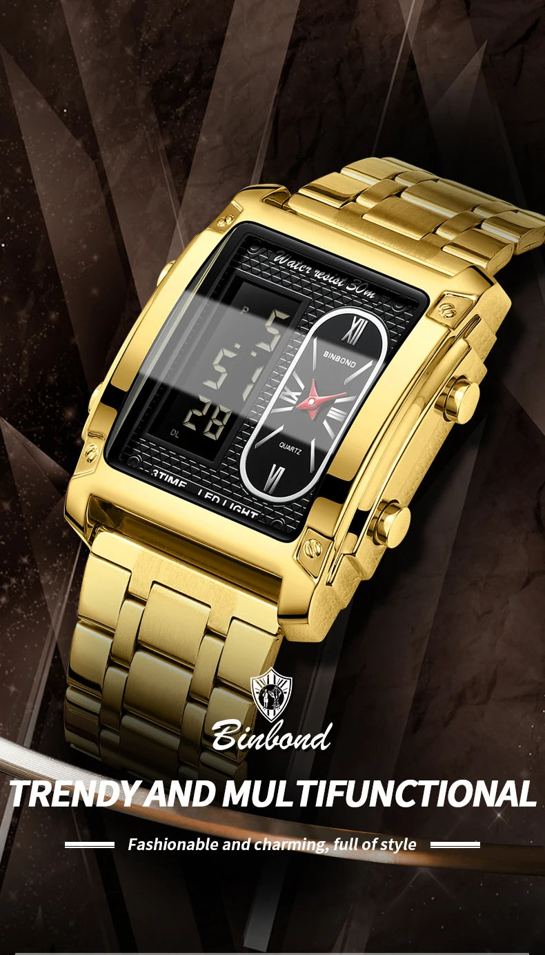 BINBOND Top Brand Luxury Watches for Men Fashion Quartz Wristwatch Square Gold Stainless Steel Business Clock Relogio Masculino