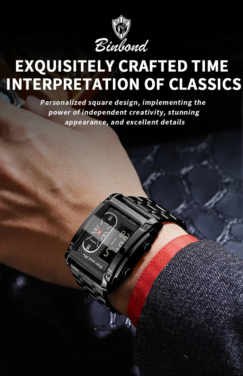 BINBOND Top Brand Luxury Watches for Men Fashion Quartz Wristwatch Square Gold Stainless Steel Business Clock Relogio Masculino