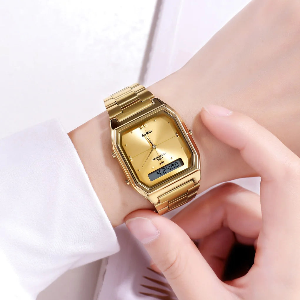 1612 Luxury Watch for Women Men Square Steel Waterproof Digital Girl Wristwatches Double Display Sport Leisure Clock 2258