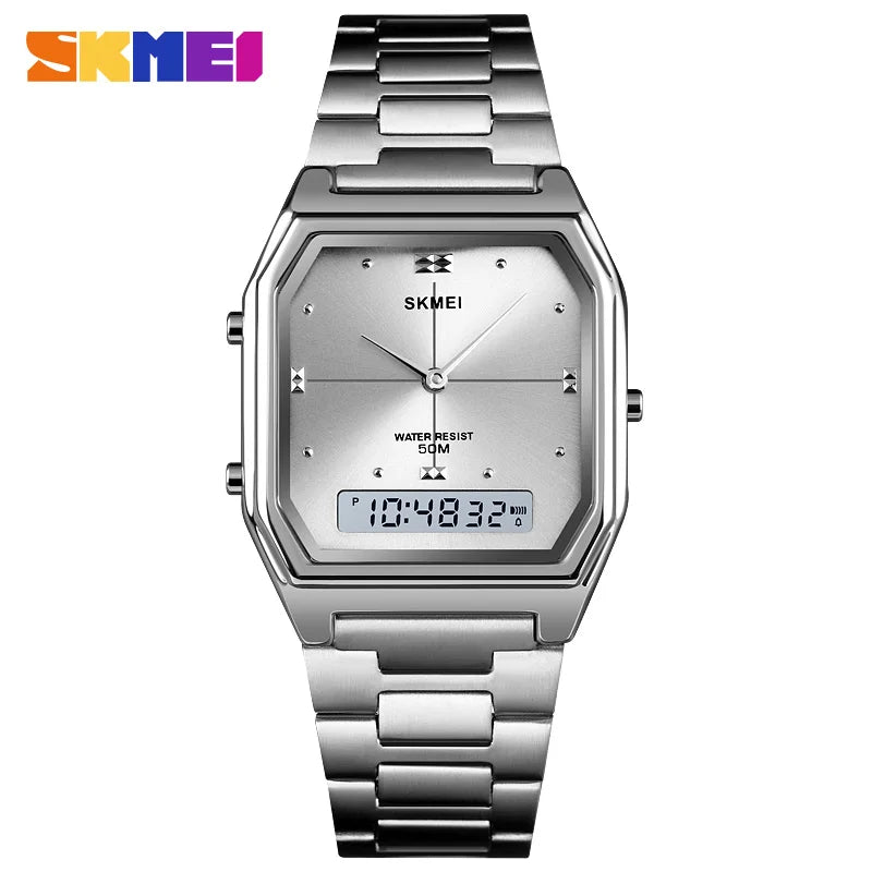 1612 Luxury Watch for Women Men Square Steel Waterproof Digital Girl Wristwatches Double Display Sport Leisure Clock 2258