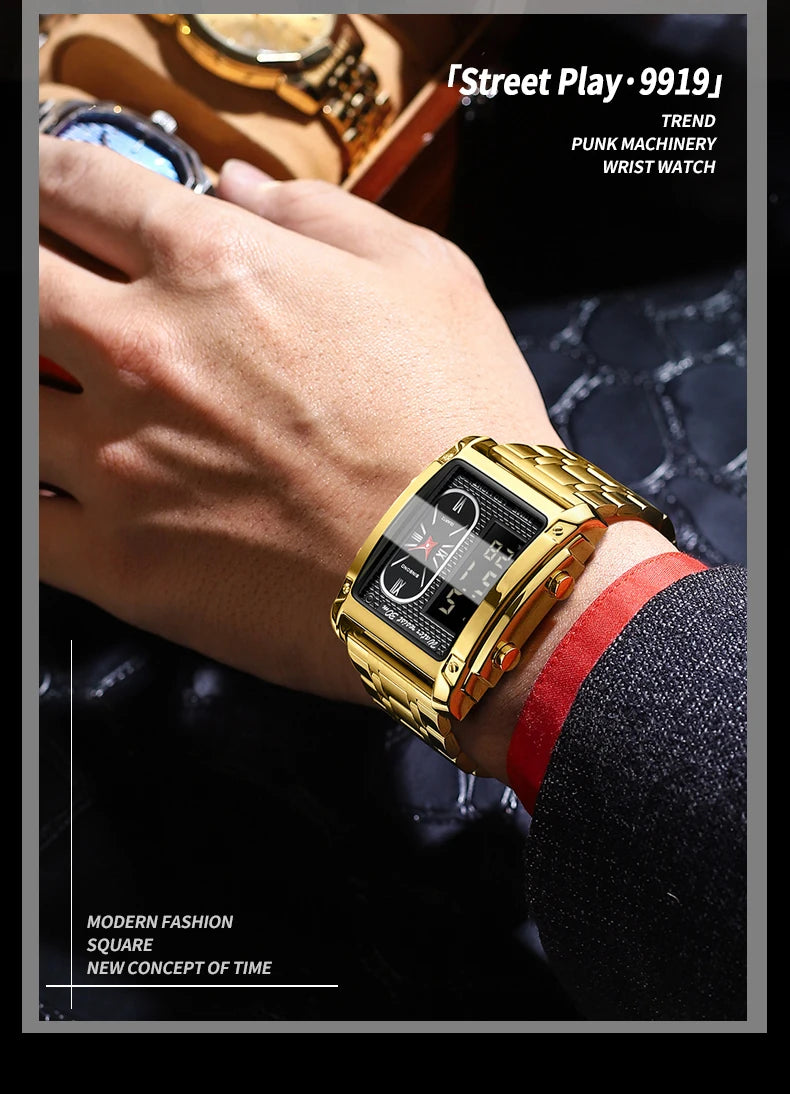 BINBOND Top Brand Luxury Watches for Men Fashion Quartz Wristwatch Square Gold Stainless Steel Business Clock Relogio Masculino