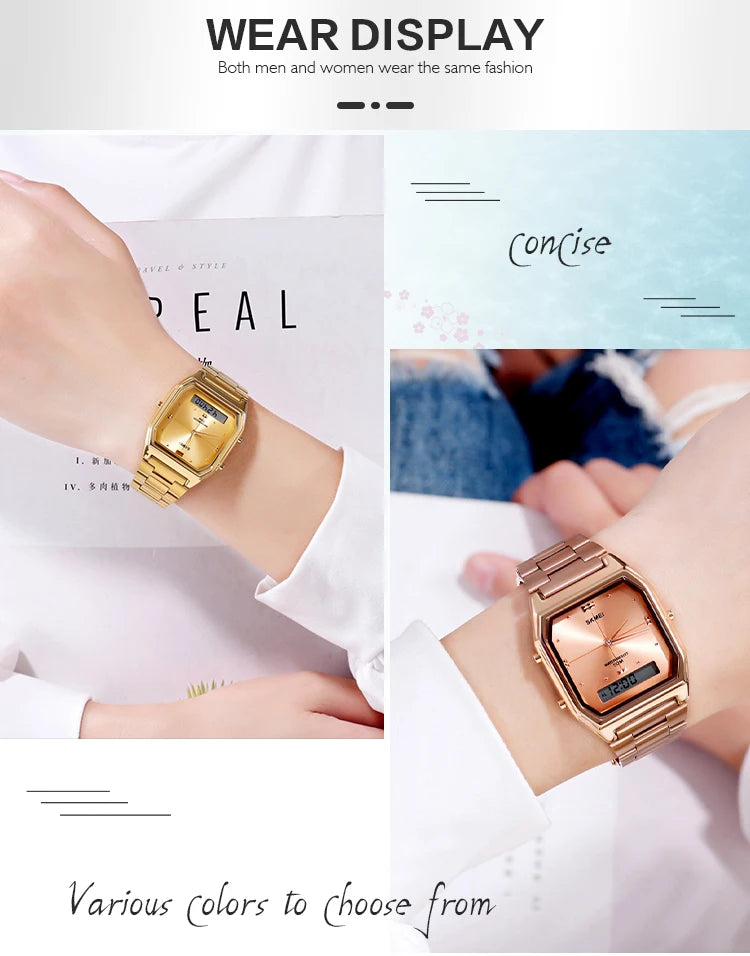 1612 Luxury Watch for Women Men Square Steel Waterproof Digital Girl Wristwatches Double Display Sport Leisure Clock 2258