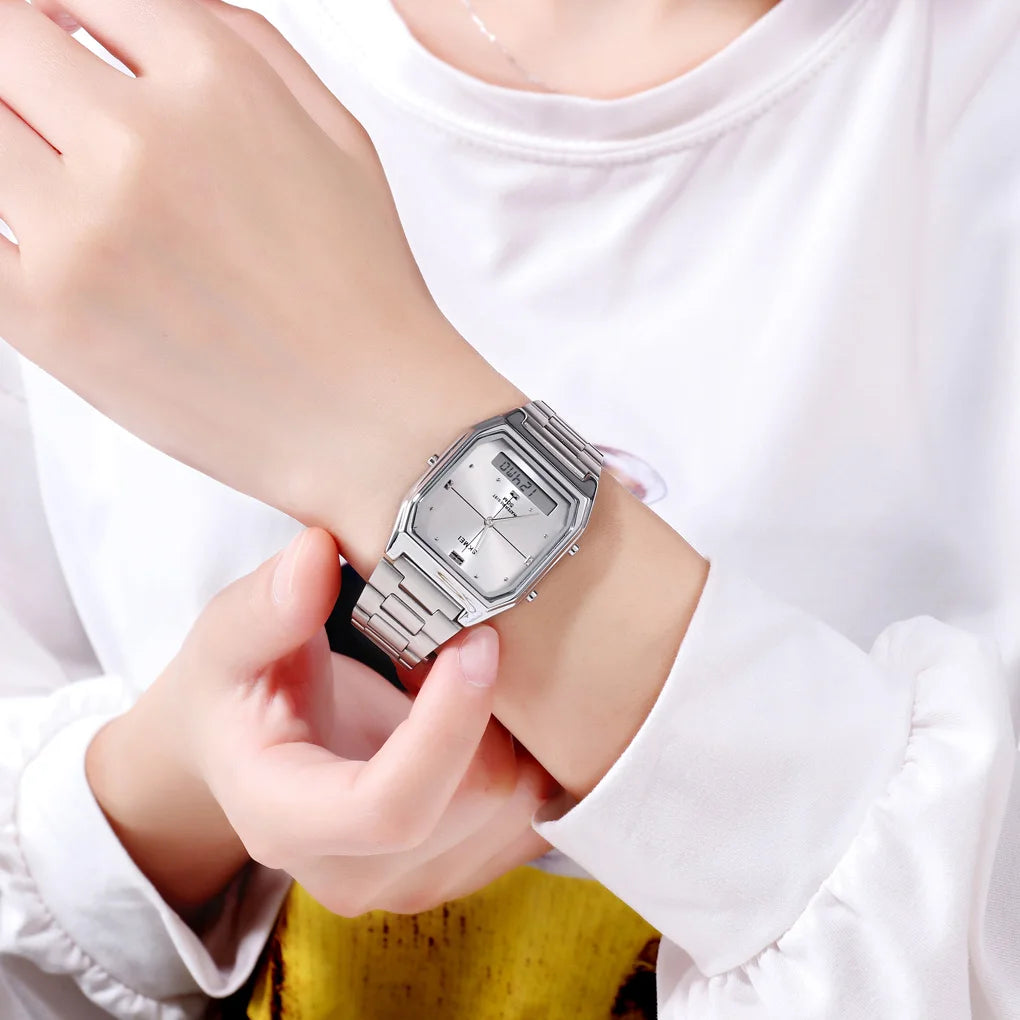 1612 Luxury Watch for Women Men Square Steel Waterproof Digital Girl Wristwatches Double Display Sport Leisure Clock 2258