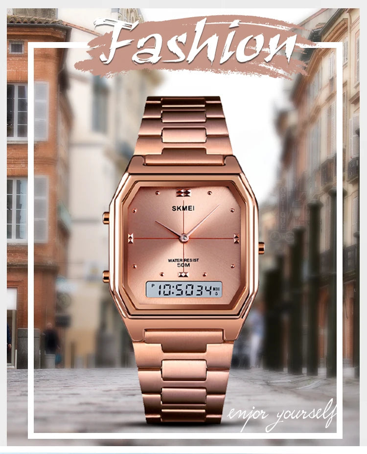 1612 Luxury Watch for Women Men Square Steel Waterproof Digital Girl Wristwatches Double Display Sport Leisure Clock 2258