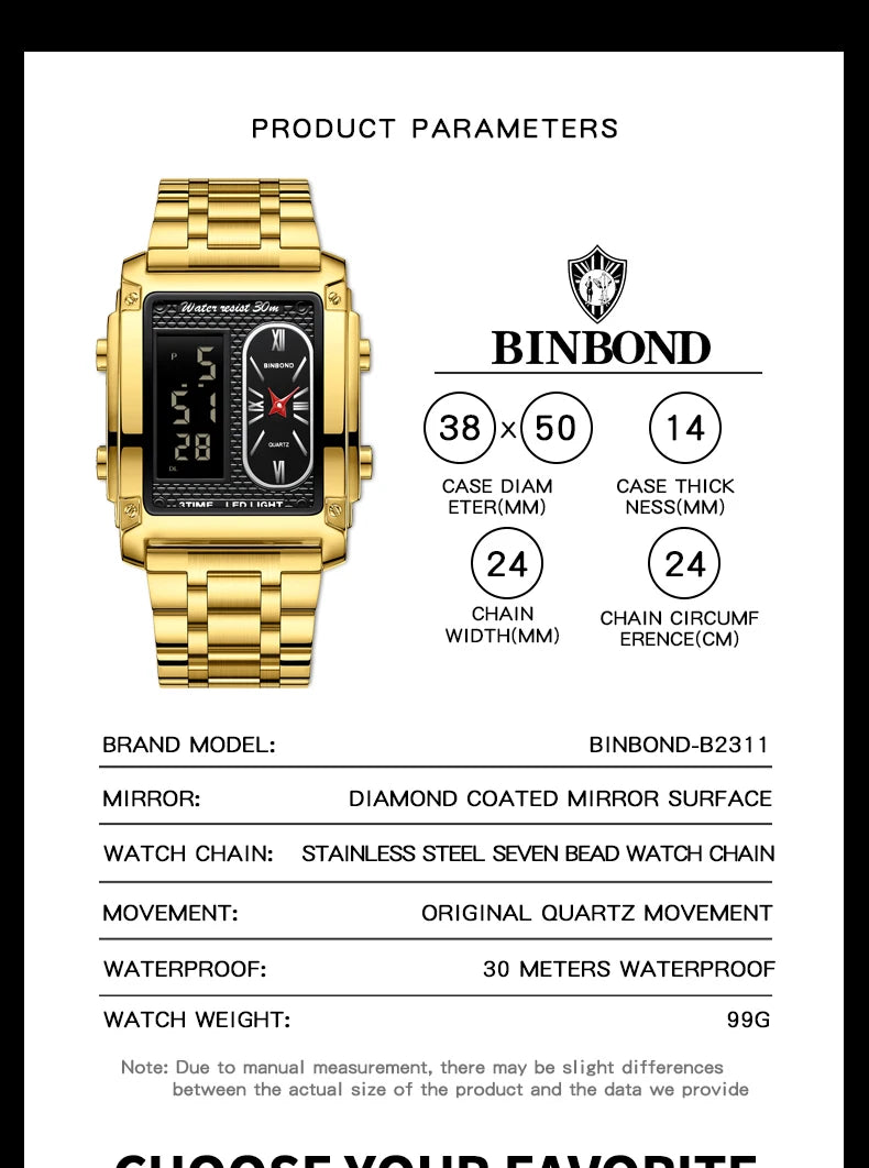 BINBOND Top Brand Luxury Watches for Men Fashion Quartz Wristwatch Square Gold Stainless Steel Business Clock Relogio Masculino