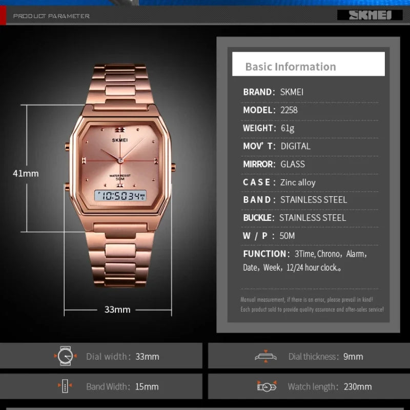 1612 Luxury Watch for Women Men Square Steel Waterproof Digital Girl Wristwatches Double Display Sport Leisure Clock 2258