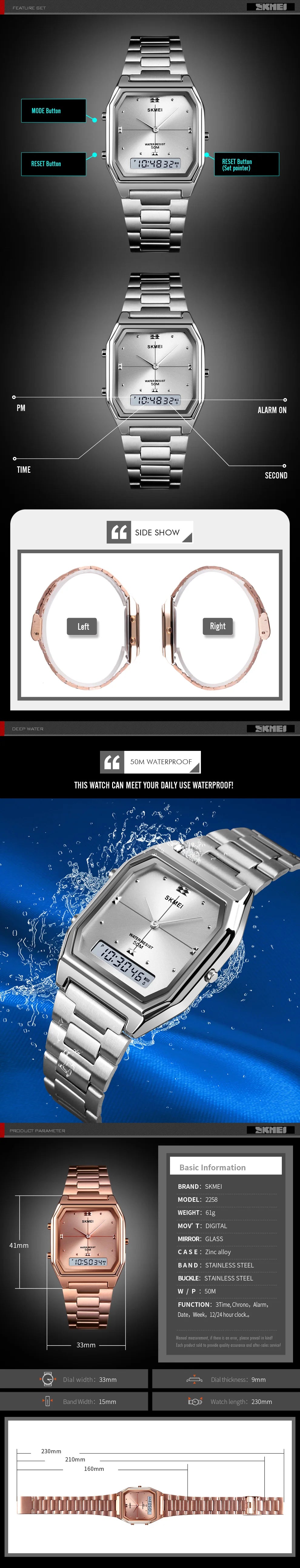 1612 Luxury Watch for Women Men Square Steel Waterproof Digital Girl Wristwatches Double Display Sport Leisure Clock 2258