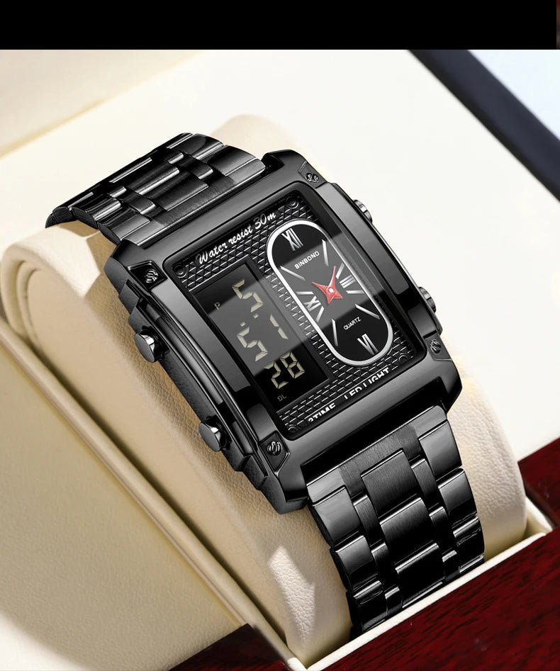 BINBOND Top Brand Luxury Watches for Men Fashion Quartz Wristwatch Square Gold Stainless Steel Business Clock Relogio Masculino